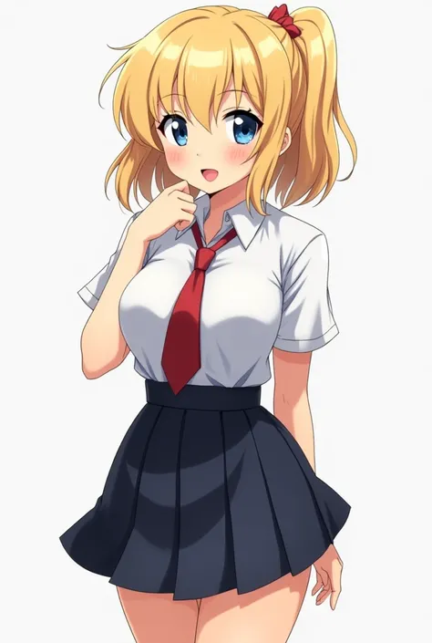 Create a popular anime girl, with skirt,  shirt and tie, with blond hair,  ojos azules, Red lips,  tetuda, NALGONA, with small waistband, with thick thighs and small in stature (1.60)