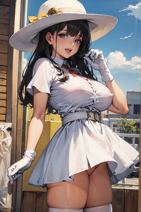  Masterpiece,  top quality,  1 girl, White Hat,  red ribbon, white dress,  short sleeve,  puff sleeve, belt,  white thigh high,  white gloves,  big breasts, cowboy shot, :d,  Watch Viewers ,  from side,  blue sky, city