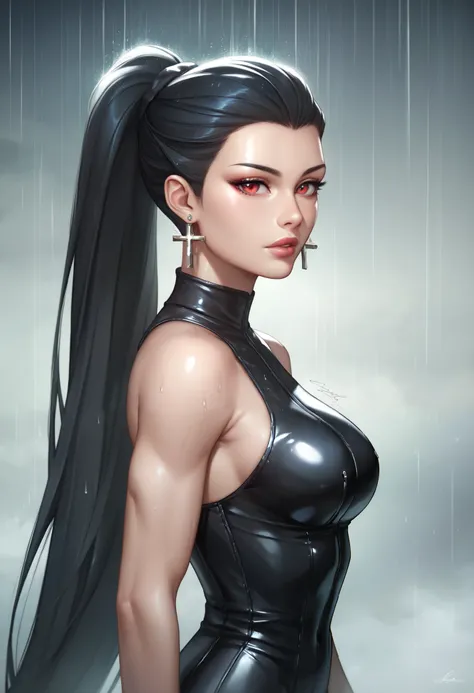 female black sleeveless latex catsuit, black belts, bare shoulders, racerback, bare toned arms, beautiful faces, black ponytail with showing forehead, long ponytail, cross black earrings, soft smooth skin, pale skin, rain background, red eyes, sci-fi, high...