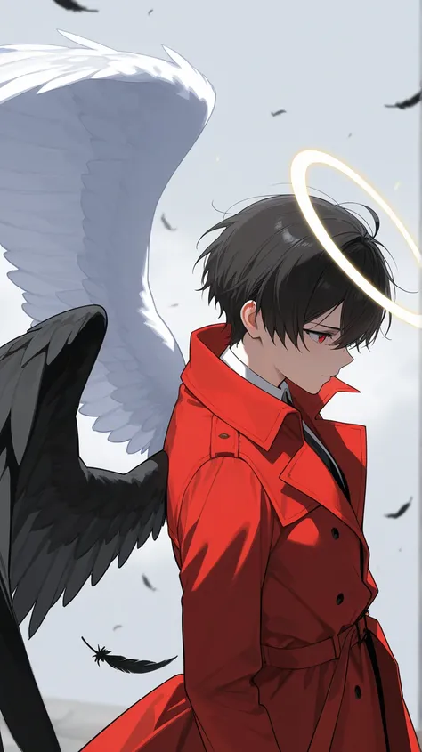 a man with black wings and white wings wearing a red trench coat in an epic pose in the air 