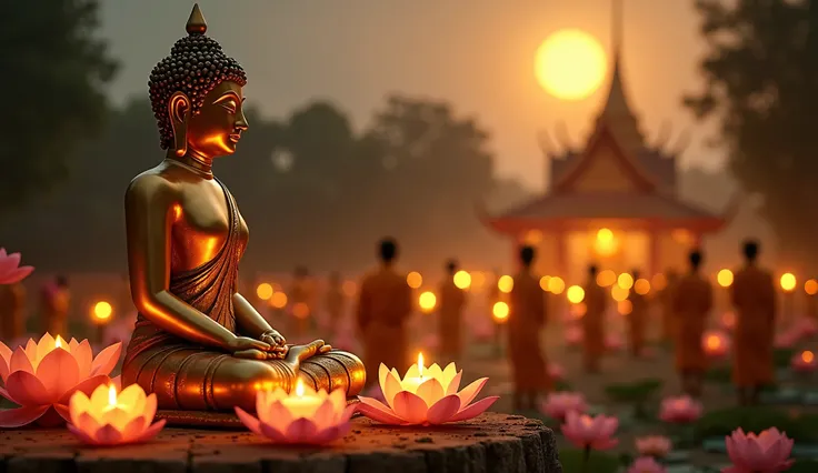 "A serene and sacred scene celebrating Makha Bucha Day. A golden Buddha statue sits in deep meditation, surrounded by glowing candlelight and blooming lotus flowers. The background features a traditional Thai temple under a bright full moon, with monks in ...