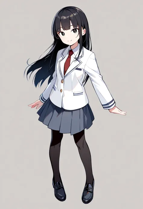 schoolgirl, standing, looking at viewer, smiling, best quality, black eyes, ager, navy school uniform,blazer,long sleeve shirt, red necktie,black straight hair,eyes open,whole body,black loafer,double eyelid,skirt,paired with black tights,Double eyelids,no...