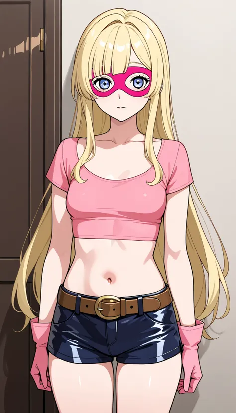 Adult woman, long hair, blonde, middle bangs, blue eyes, oval plain pink eye mask, medium chest, fit pink crop shirt, scoop neckline, short sleeves, pink gloves, expose navel, dark blue shorts with brown belt and metal buckle, leather shorts, front view