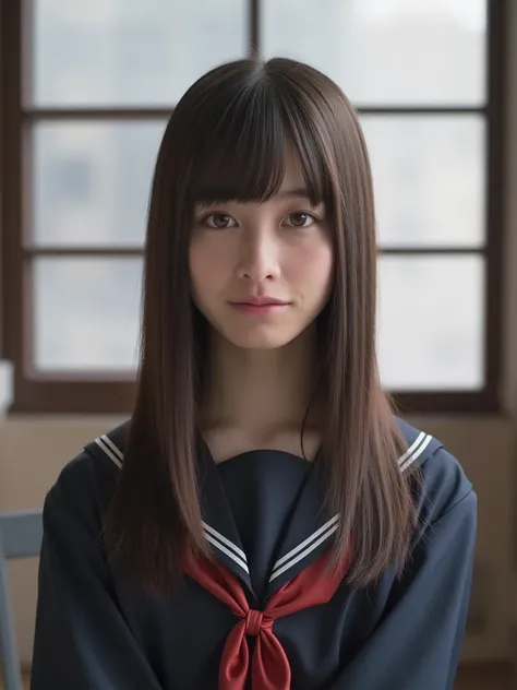 4k,masterpiece,best quality,detailedescription,photorealistic,natural lighting,1 girl,Kanna Hashimoto,long hair, school uniform,looking at viewer,from front,classroom, She smiled faintly at the corner of her mouth