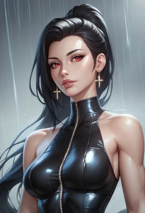 female black sleeveless latex catsuit, bare shoulders, racerback, bare toned arms, beautiful faces, black ponytail with showing forehead, long ponytail, cross black earrings, soft smooth skin, pale skin, rain background, red eyes, sci-fi, high contrast, gl...