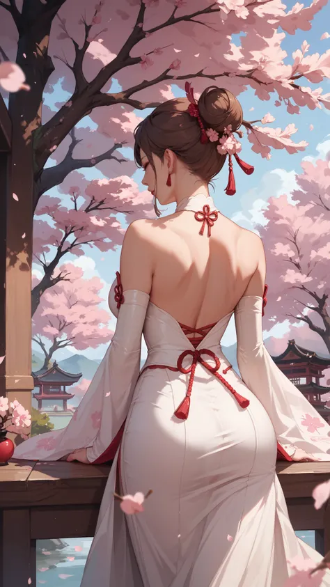  White Dress,  back view,  Woman with long brown hair, Cherry blossom trees on the hill, Cherry Blossom Blossoms 