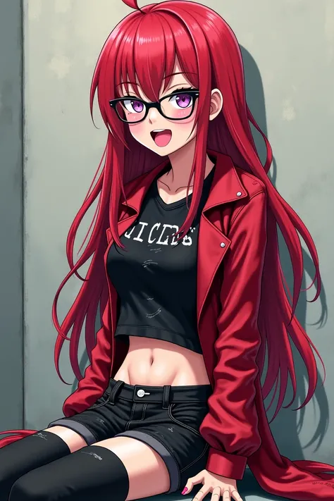  1 girl、 anime style、cool、 Sitting、long red unkempt hair、Yawning、 purple eyes、 black glasses、red rock jacket、black crumbling shirt、Big Breasts、 belly button out、 black hotpants、Red Shoes