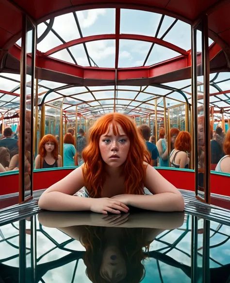 Sci-Fi and horror film: Room with a labyrinth of mirrors, even on the roof of an amusement park, with the reflection of a chubby, freckled red-haired girl with a tan lost in different versions of the girl grabbing the girl behind the glass to nap her and t...