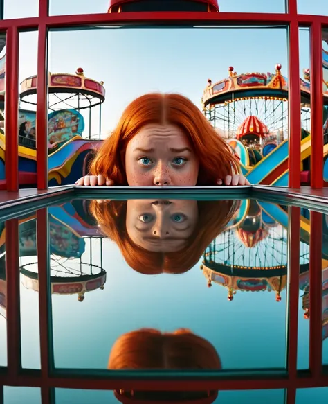 Sci-Fi and horror film: Room with a labyrinth of mirrors, even on the roof of an amusement park, with the reflection of a chubby, freckled red-haired girl with a tan lost in different versions of the girl grabbing the girl behind the glass to nap her and t...