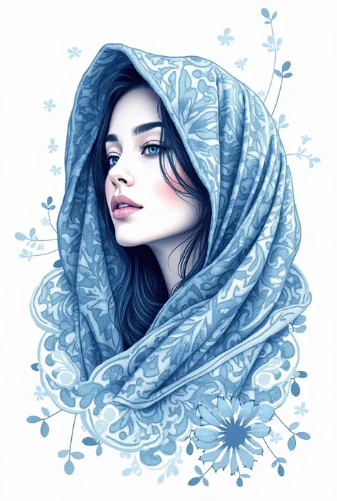  Drawing of a beautiful woman covering her hair with a fabric ,  with elements of traditional illustration and textile design .  Geometric patterns and flowing lines with artistic expression . freehand ,  create textures and a harmonious color palette in s...