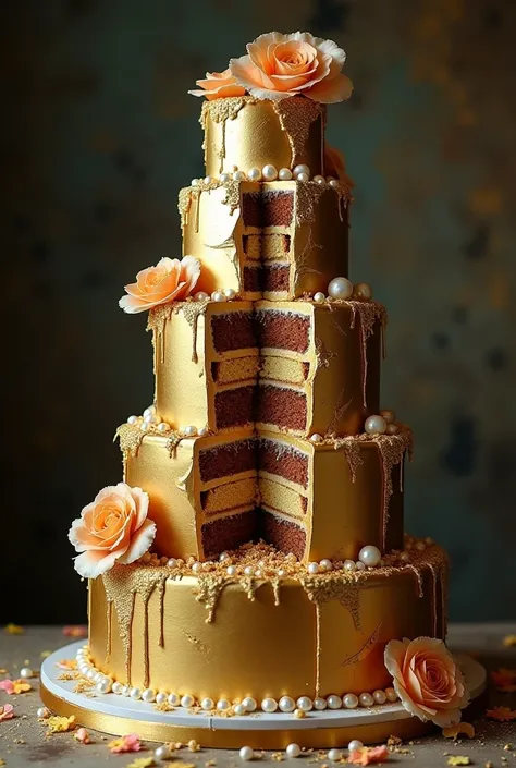 Prompt for a Damaged Gold Cake Image:

"A visually striking, partially damaged gold cake that tells a story of beauty and imperfection. This multi-tiered masterpiece, once flawlessly adorned in shimmering metallic gold fondant, now features dramatic cracks...