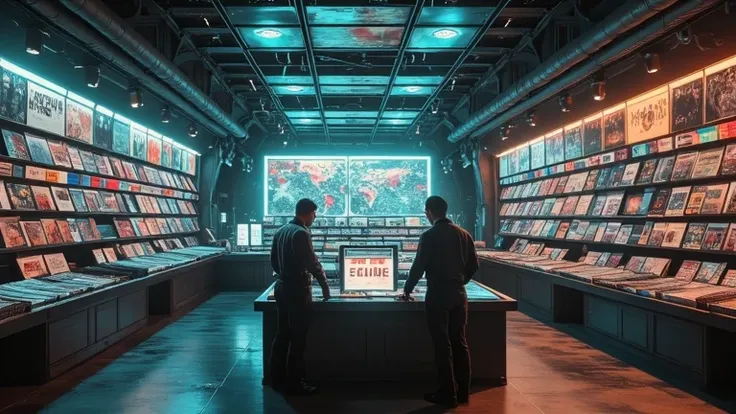 A scene inside a record store in a fantastical, futuristic world, where two men are searching for records.