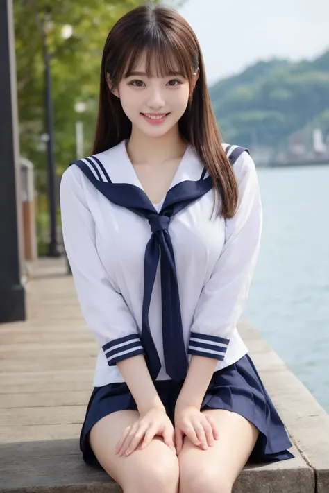   1 best girl,   sailor suit 、 big breasts, smile、 put your hand in your crotch、outside、sit