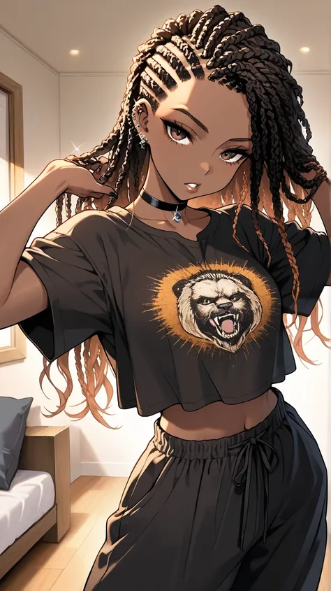 1Girl, Mature, Ebony, African American, Dark Brown Skin, Bright Brown Long Cornrows, Cornrows Spread Out, Shiny Hair, Bright Brown Eyes, Black Nails, Dark Brown Eye Shadow, Medium Chest, Yellow Cropped Long-Seeve Shirt, Black Baggy Pajama Pants, Black Ear ...