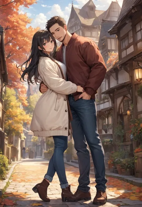 Create a scene of a cloudy autumn day in which a Caucasian man and an Asian woman is standing and hugging. The muscular Caucasian man in his thirties with short coiffed hair, neatly groomed beard, and he is dressed in a letterman jacket and jeans, while hi...
