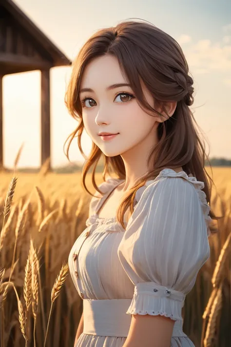  1 girl, 20 years old, Tall and attractive, Wearing a cute country dress, , It stands in a rustic farmhouse setting . She is kind, A kind smile and expressive eyes.  There is a charming barn in the background ,  Golden wheat fields and clear blue skies  . ...