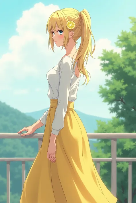 Anime girl in their 30s white long sleeve top and long yellow skirt, blonde long hair with a half ponytail, and a lemon slice accessory in her hair