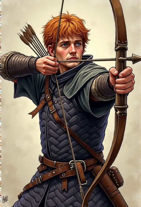 A realistic medieval fantasy portrait of an archer of 25 years. He is skinny. His face is covered in freckles. He has short red hair. 
He wears a quilted doublet of black and purple wool and some leather armor. He holds a longbow in his hand and is aiming ...