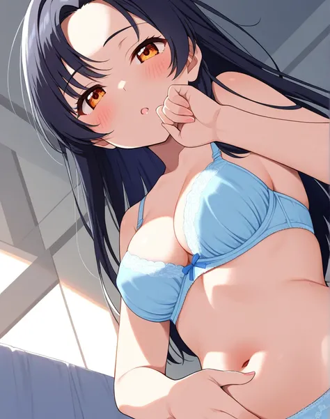 nsfw、Alone,( Masterpiece,  top quality:1.2)、morning、Waking up、 sleepy expression 、 Stretching Back 、 big areolas、 beautiful breasts、 light blue bra、Light blue panties、break、Neat black hair、Amber Eyes、 long hair、 glossy black hair 、( Please split the frame ...