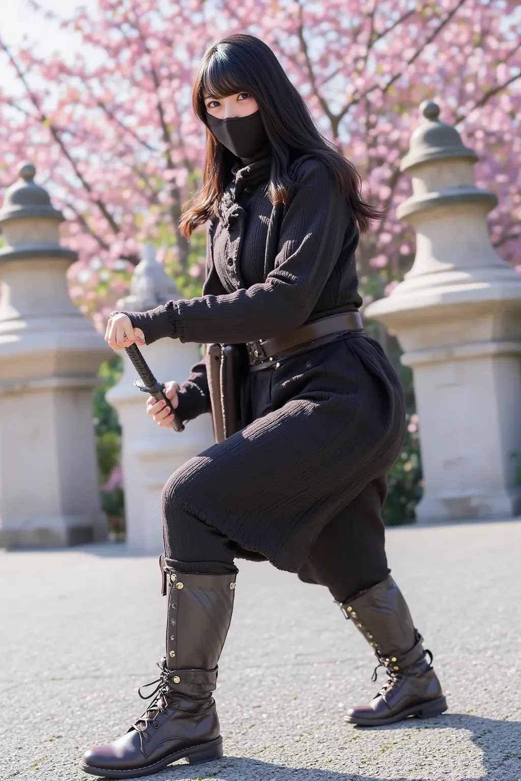 {
  "prompt": "A Japanese woman dressed in a traditional ninja outfit, featuring a black hooded cloak, mask covering her face, and intricate armor details on her arms and legs. She is striking a dynamic pose, holding a katana in one hand, while the other h...