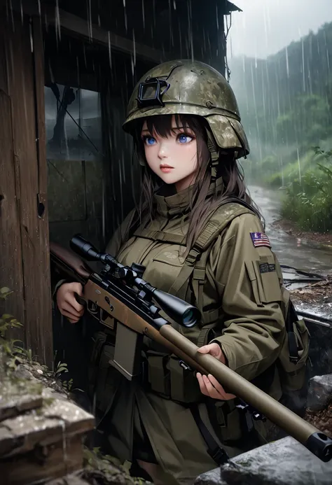  high quality、 high image quality、 highdefinition images、8K Full HD、 illustration、wallpaper、 in a realistic modern American military uniform:1.3、 Gold、 blue eyes、 sniper rifle 、1 girl wearing a camouflage helmet 、Small Hill、 it's raining、Shoulder the rifle...