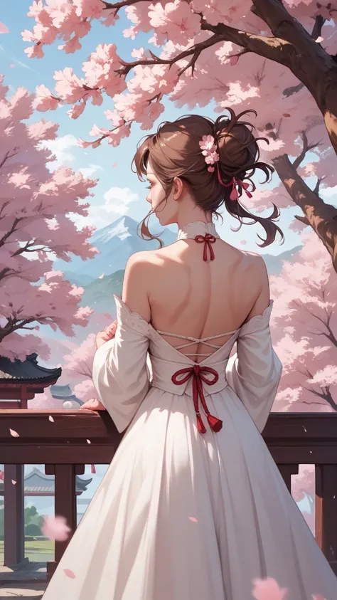 White dress with back cover,  back view,  Woman with long brown hair, Cherry blossom trees on the hill, Cherry Blossom Blossoms , Blowing hair, Watching from afar