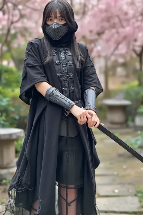 {
  "prompt": "A Japanese woman dressed in a traditional ninja outfit, featuring a black hooded cloak, mask covering her face, and intricate armor details on her arms and legs. She is striking a dynamic pose, holding a katana in one hand, while the other h...