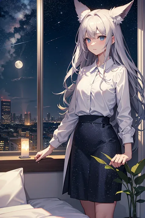 Night city view, car, moon, Starry Sky  ( Illustration of : 1.0), A magnificent composition,   realistic lighting , HD detailed,  Masterpiece,  top quality, ( Ultra High Definition CG Unified 8K ) View from bedroom window, unmanned.