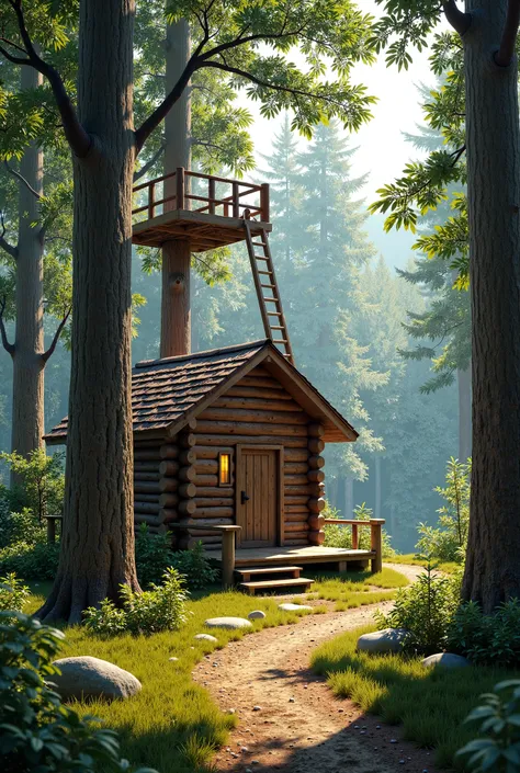 Generate an image for a profile photo with a wooden cabin on the ground and a ladder that goes up into the branches where there is a platform