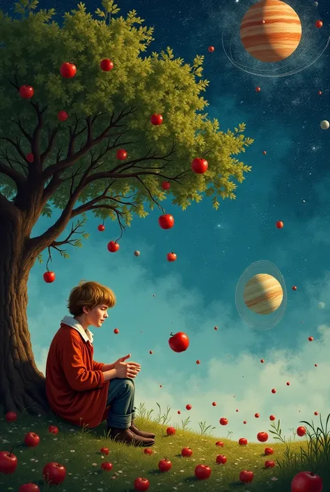 1. Curiosity Leads to Great Discoveries

Prompt:
"A young Isaac Newton sits under an apple tree, deep in thought. Suddenly, an apple falls beside him. He picks it up, looking at it with intense curiosity. His mind races with questions about why objects fal...