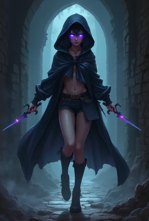 "4K anime style quality, digital drawing mode, agile rogue with short black hair and glowing violet eyes, wearing a dark hooded cloak and wielding twin daggers, standing in the shadows of a crumbling dungeon corridor, radiant skin with a faint sheen, sly a...