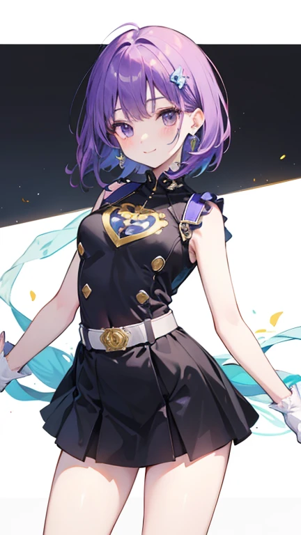  1 High School Girl 、 Single 、 Black Super Sentai Hero Costume、 miniskirt、 buckle on her waist 、  bob hair 、Navel Concealed 、   purple hair、blush、smile、 watch the audience 、 dark eyes、 style、White long gloves、White Long Boots  、 earrings、 hair ornament、mid...