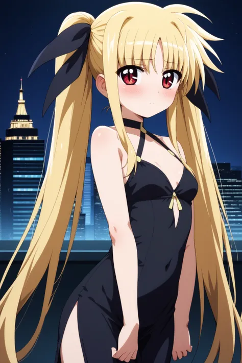 masterpiece,best quality,{{detailed beautiful face and eyes}}, very detailed background,
Fate Testarossa,{{{megami magazine}}},long hair,blonde hair,twintails,hair ribbons,black ribbons,red eyes,small breasts,
((black evening dress,deep slit,small breasts)...