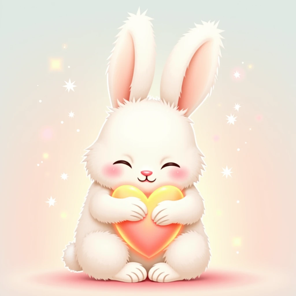 A pastel-colored, heartwarming illustration of a white rabbit gently embracing a heart, radiating warmth and kindness. The rabbit has soft, fluffy fur and a tender expression, its eyes closed in a moment of pure affection. The heart is slightly glowing, sy...