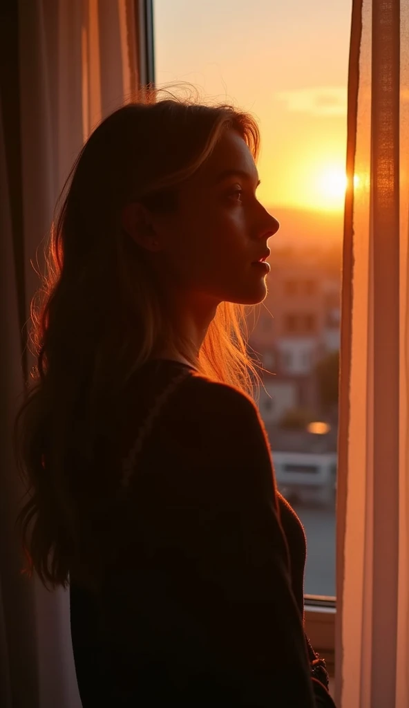 photo d&#39;un jeune ,  femme européenne , Âge 30 ans,  qualité haute résolution , debout près d'une fenêtre,  regardant l’objectif, (charme :1.1), (contraste de lumière et de texture:1.2),  interaction artistique 