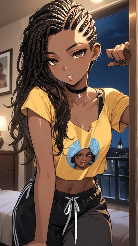 1Girl, Mature, Ebony, African American, Dark Brown Skin, Bright Brown Long Cornrows, Cornrows Spread Out, Shiny Hair, Bright Brown Eyes, Black Nails, Dark Brown Eye Shadow, Medium Chest, Yellow Cropped Long-Seeve Shirt, Black Baggy Pajama Pants, Black Ear ...