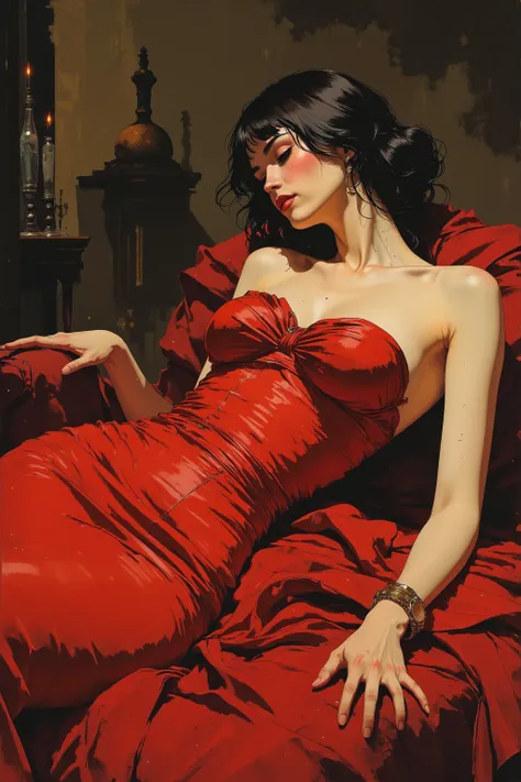 ((top quality)), ((Masterpiece)), (perfect Details),  (1 Mature girl, very sexy, Very shiny skin, The whole body is projected by lying on its side,  perfect body, Naked and wrapped in red silk)