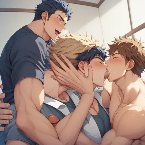  anime image quality、 gay sex、Big cock、 muscles、Panting、、 top、 ahe face、Big cockを口に加える、 fellatio、Big cockを相手の体に押し付けながら fellatio、multiple attacks、 attack others with only 1 person receiving、 anal attack 、 penis attack 、oral attack 