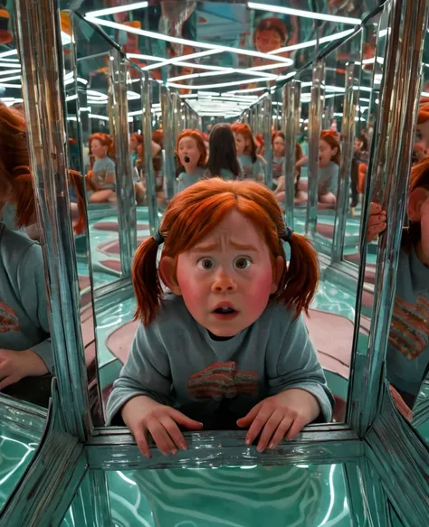 Sci-Fi and horror film: Room with a labyrinth of mirrors, even on the roof of an amusement park, with the reflection of a chubby, freckled red-haired girl with a tan lost in different versions of the girl grabbing the girl behind the glass to nap her and t...