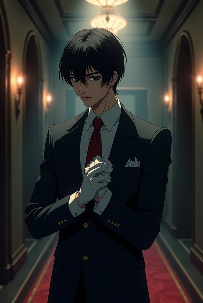 Create an agent in a expensive suit fixing his gloves in a mansions dark corridor with dramatic lighting, eyes black, hair jet black, american, young, handsome, anime artstye