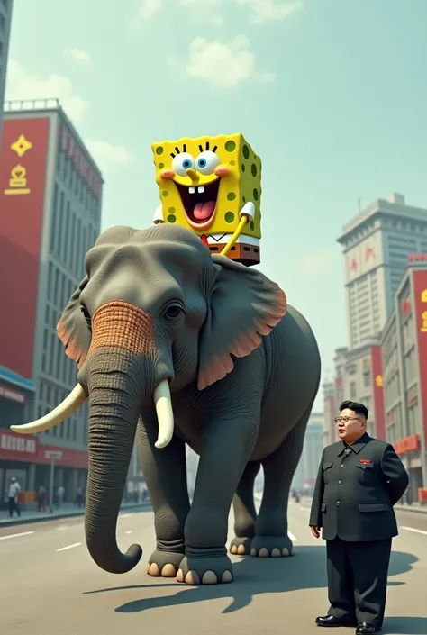 Spongebob on an elephant with Kim Jong-un in Pyongyang