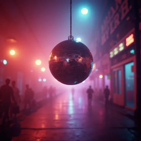 cinematic film still, disco ball, light difraction, multicolors, pink, blue, cyan, red, zoom blur, directional blur, blur edge, dutch low angle, psychedelic, quality photo, vintage tones, shallow depth of field, vignette, high budget, haze, big flares on l...