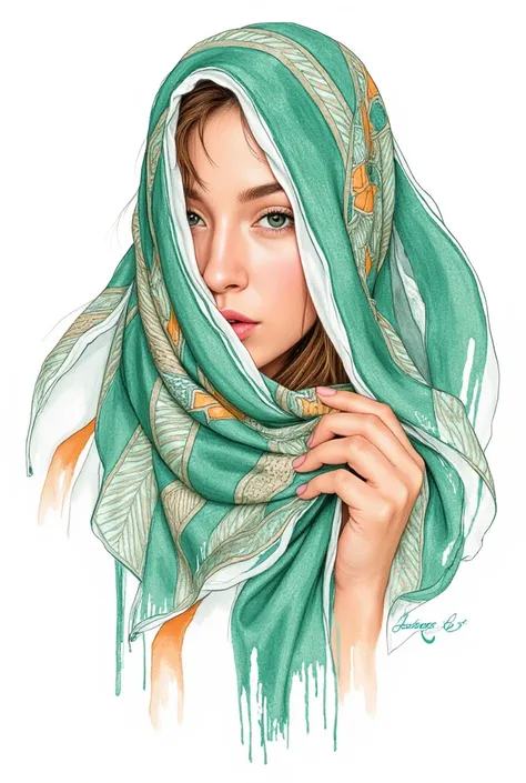  Drawing of a beautiful woman covering her hair with a fabric ,  with elements of traditional illustration and textile design .  Geometric patterns and flowing lines with artistic expression . freehand ,  create textures with turquoise green colors, orange...