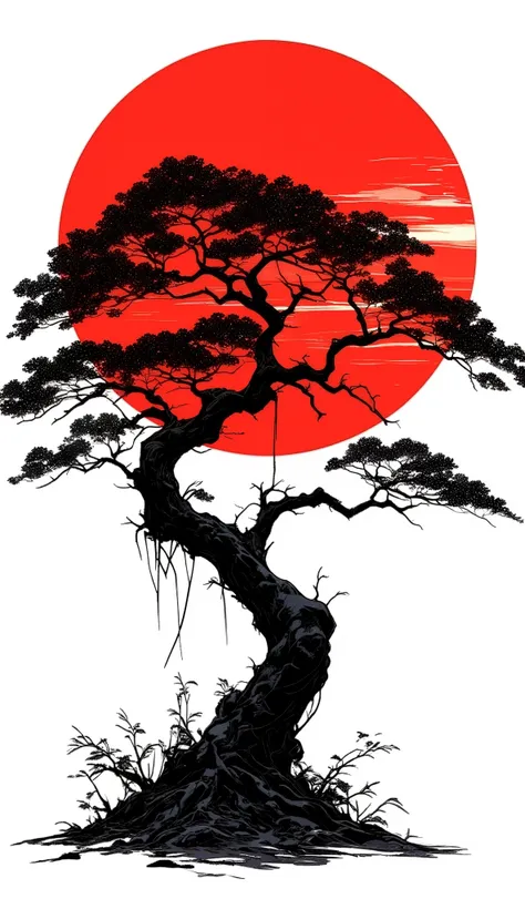 A high-quality 4k illustration, Old dark tree in black with dense leaves, in the background a red sun in Chinese style. The design is isolated, with clean edges, and ready for use on a white T-shirt. The red sun are arranged in a balanced composition, ensu...