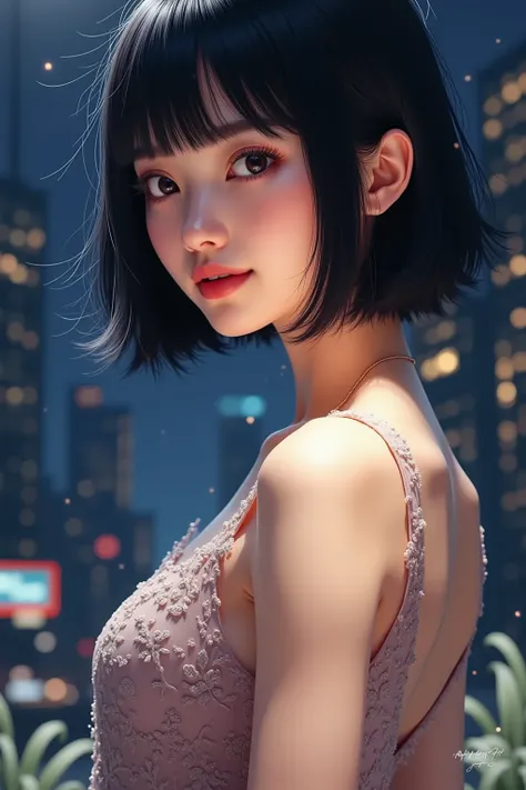 1girl,artist name,bangs,black hair,blurry,blurry background,bob cut,bokeh,breasts,building,city lights,depth of field,dress,lens flare,lights,lips,looking at viewer,makeup,medium breasts,night,parted lips,realistic,red lips,short hair,sleeveless,sleeveless...