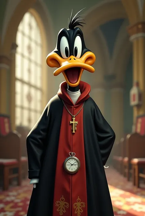 Generate images of the Daffy Duck from the Looney Tunes dressed as a priest 