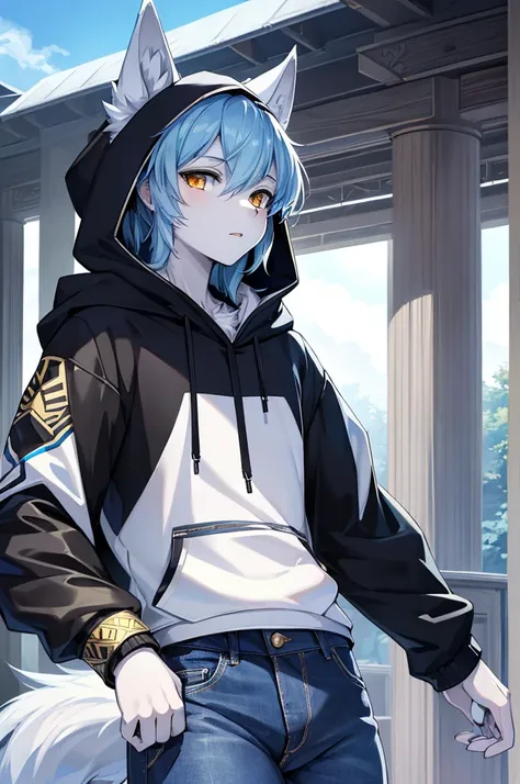 ( artwork,  top quality,  better quality,  official art ,  Beautiful and aesthetic:1.2) a wolf ,  white wolf ears ,  blue hair, Wolf tail,  white skin,  golden eyes,  fringes wearing a black hoodie and blue jeans.