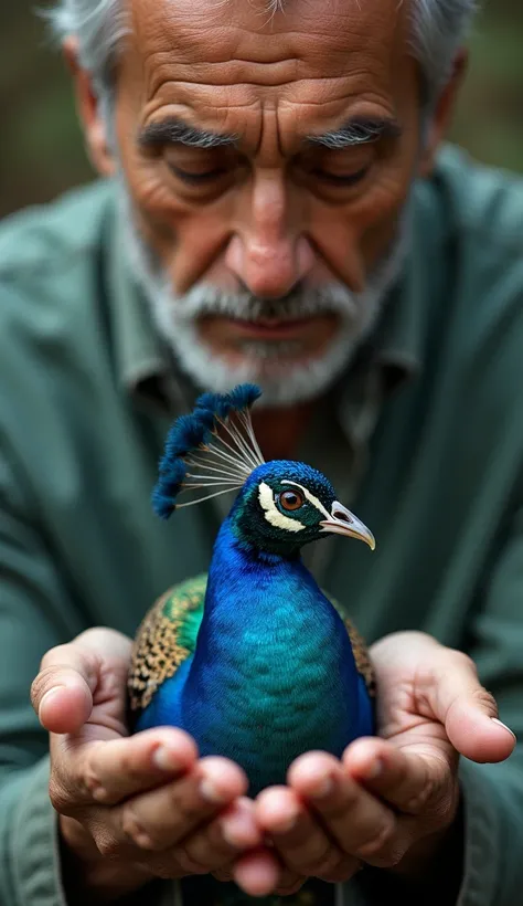   A close up of a man holding a small peacock in his hands, The peacock is bright and faint    , symbolizing life   .