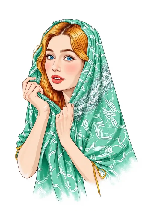  Drawing of a beautiful woman covering her hair with a fabric ,  with elements of traditional illustration and textile design .  Geometric patterns and flowing lines with artistic expression . freehand ,  create textures with turquoise green colors, orange...