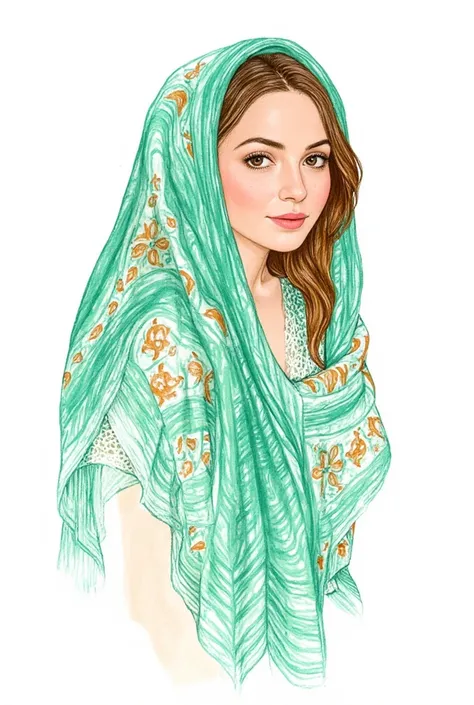  Drawing of a beautiful woman covering her hair with a fabric ,  with elements of traditional illustration and textile design .  Geometric patterns and flowing lines with artistic expression . freehand ,  create textures with turquoise green colors, orange...